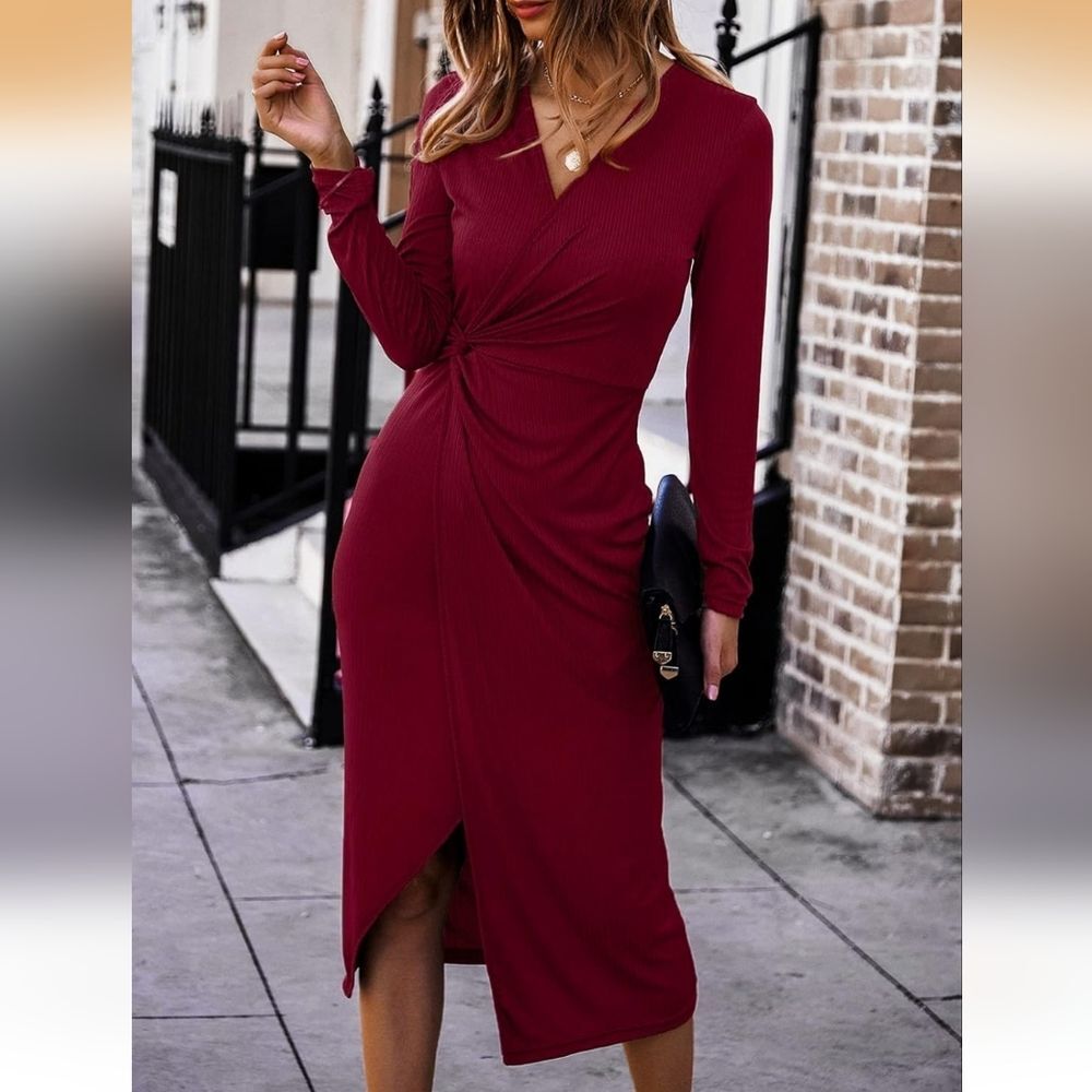 Women's Long Sleeve Dress: Midi Casual V Neck Twist Waist Ribbed Knit Size Large - Picture 3 of 5